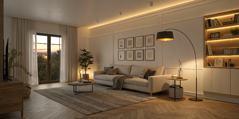 Warm LED lighting Modern living room with warm LED strip lighting and cozy ambiance