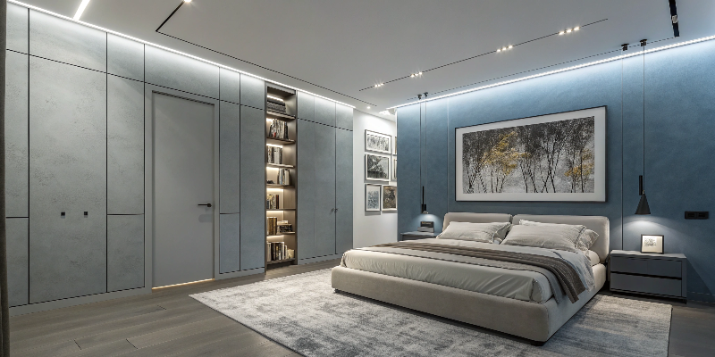 LED strip lighting Modern bedroom with LED strip lighting, sleek design, and cozy ambiance