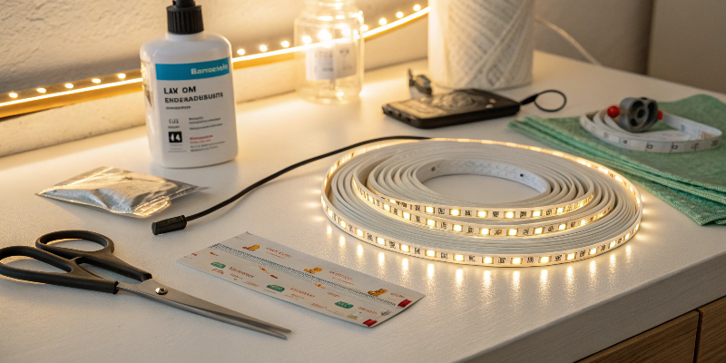 LED strip light setup with tools for installation and customization