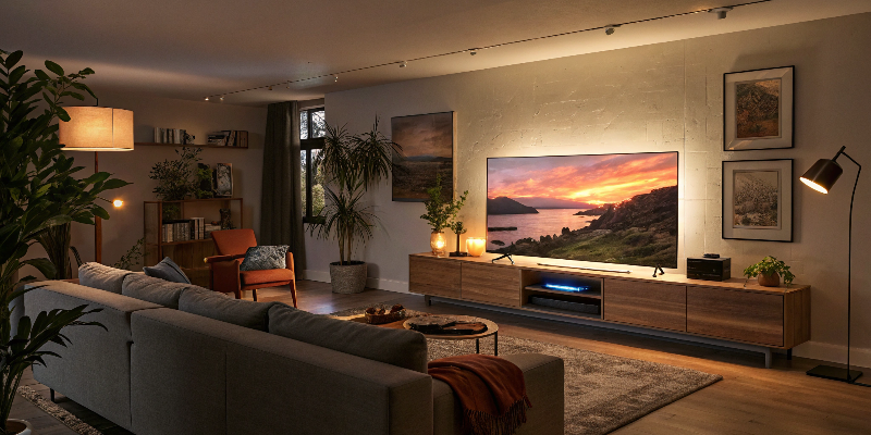 Ambient lighting living room Cozy living room with ambient lighting and modern TV setup