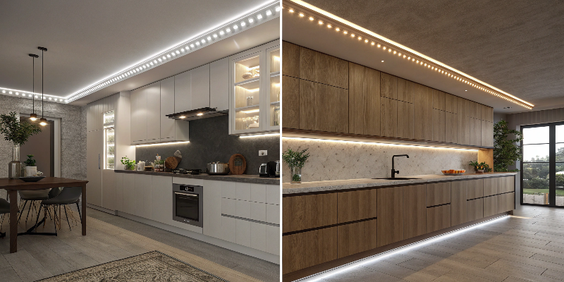 Comparison of cool and warm LED strip lighting in modern kitchens