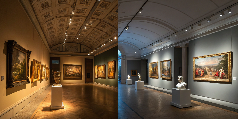 Gallery Lighting Comparison Comparison of warm and cool LED lighting in an art gallery