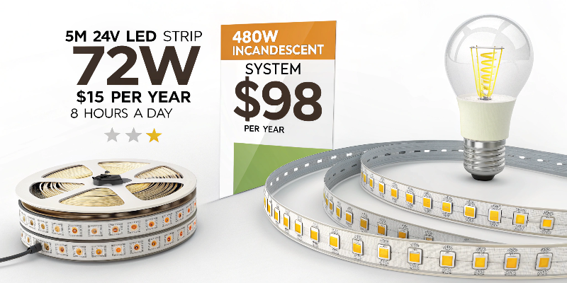 Energy cost comparison between LED strip lighting and incandescent bulbs