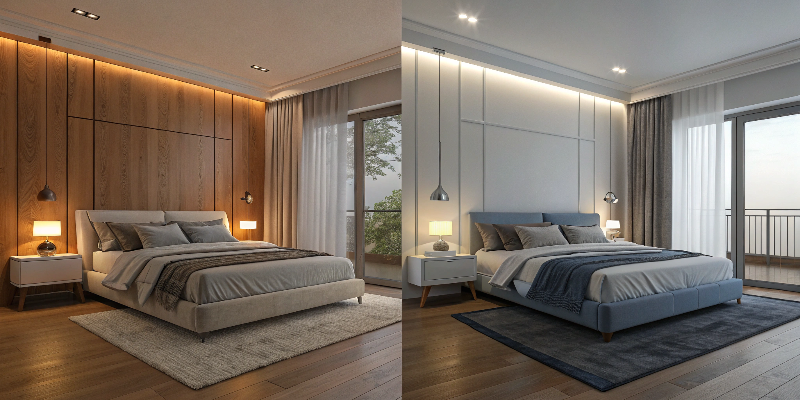 LED lighting comparison Modern bedroom with warm and cool LED strip lighting designs