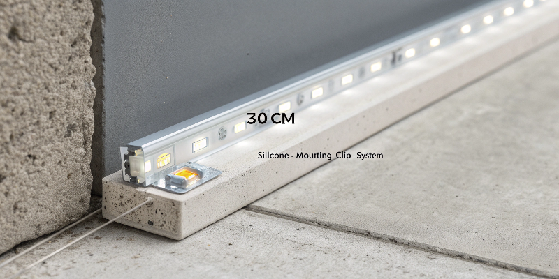 LED strip light installation with aluminum profile and silicone mounting