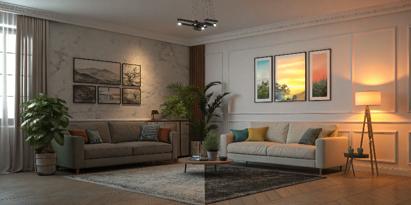 Modern living room Stylish living room with modern lighting and elegant decor