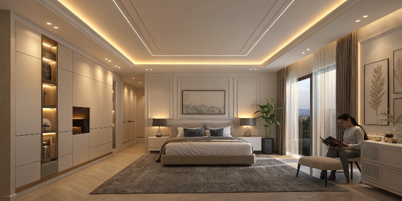 Luxury LED lighting Elegant bedroom with warm LED strip lighting and luxurious interior