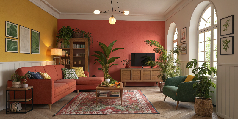 Colorful living room Vibrant living room with colorful decor and natural lighting