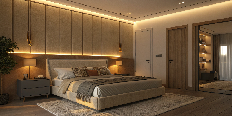 Warm LED lighting Luxury bedroom with warm LED strip lighting and elegant interior design