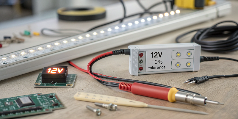 LED strip light testing with 12V power supply and electronic tools