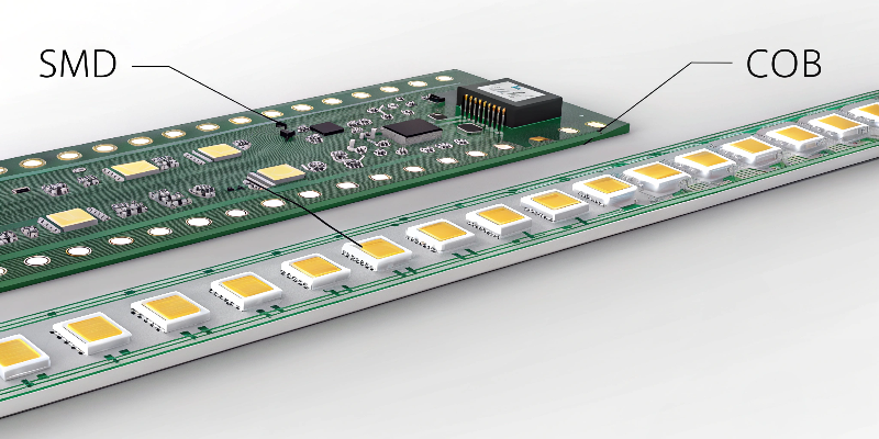 Comparison of SMD and COB LED technologies on circuit board