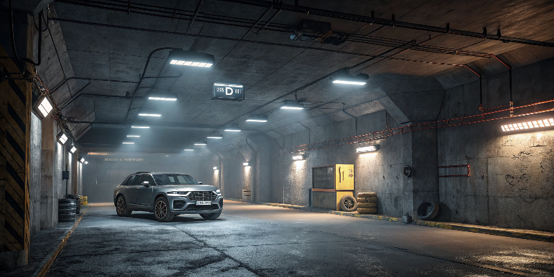 Underground parking garage with industrial LED lighting and luxury SUV