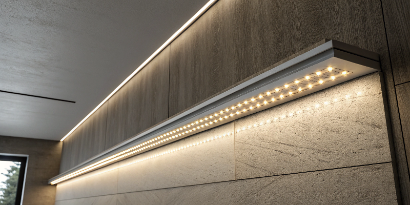 Wall-mounted LED lighting close-up of led strip light on wall