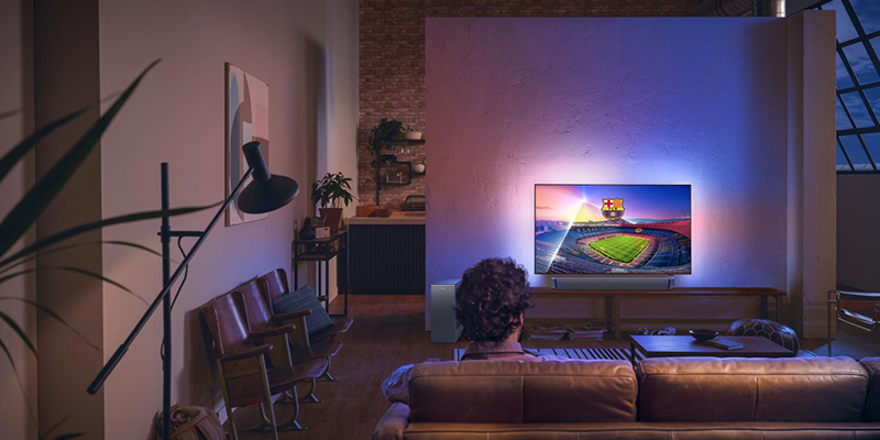 Cozy living room with smart TV and ambient lighting