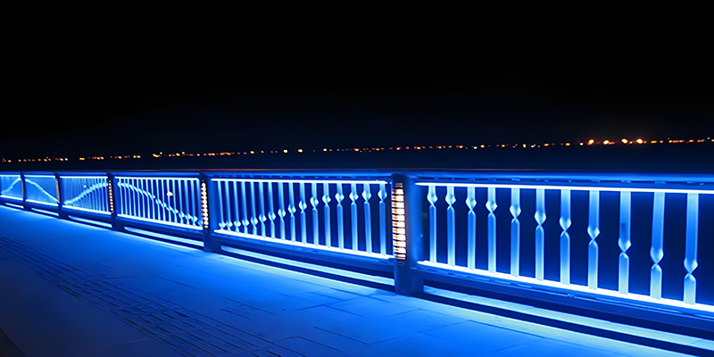blue led strip lights on bridge railing