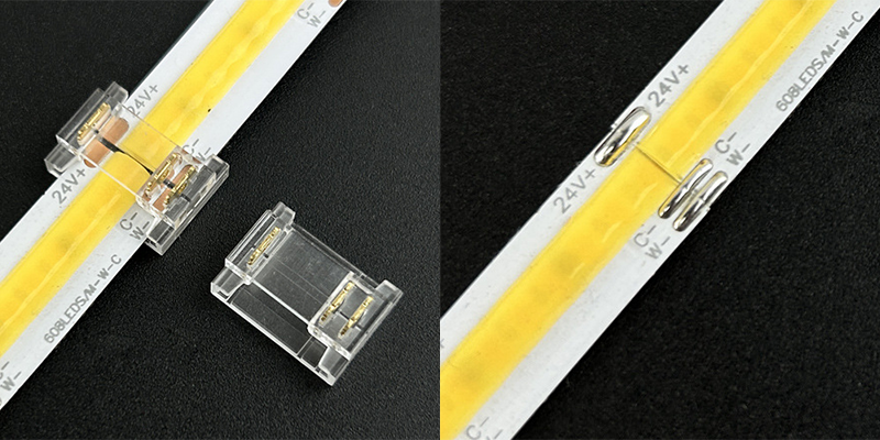 COB LED strip light connector, transparent quick solderless clip