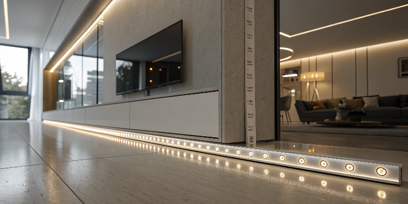 Modern interior with LED strip lighting for floor and wall accents