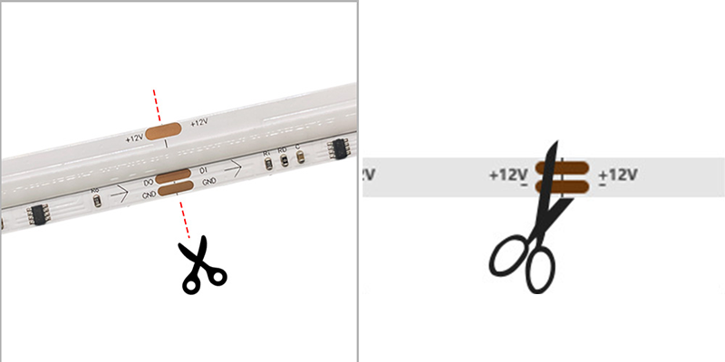 LED strip light cuttable section, showing scissors icon and cutting line