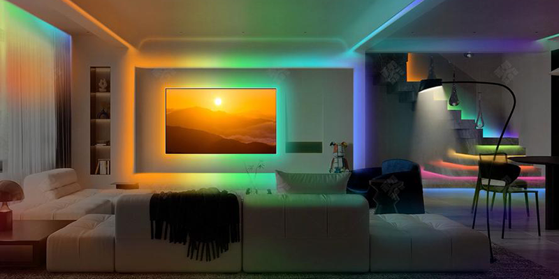 Modern living room with colorful LED lighting and TV