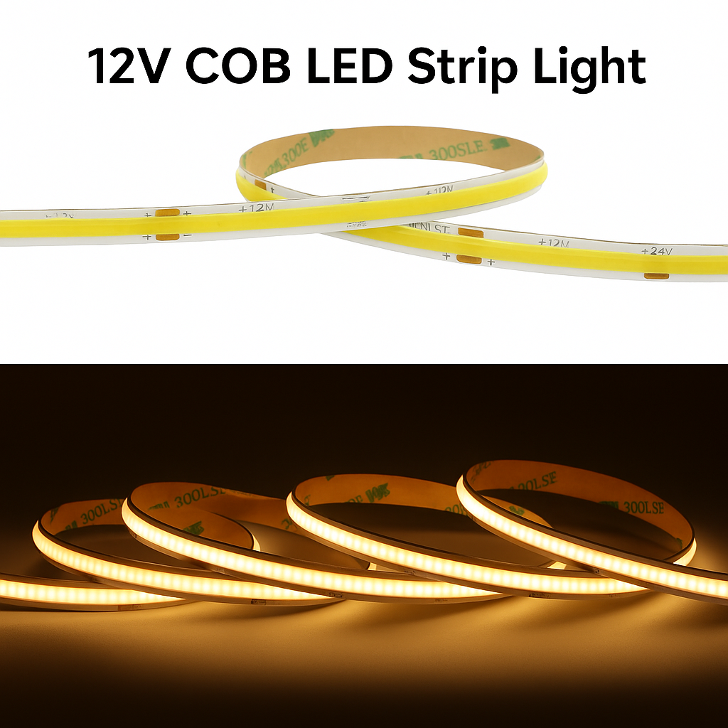 A comparison of 12V COB LED strip lights in two states: top section showing unlit strip with clear voltage markings, and bottom section showing the same strip glowing with warm white light on a dark background.