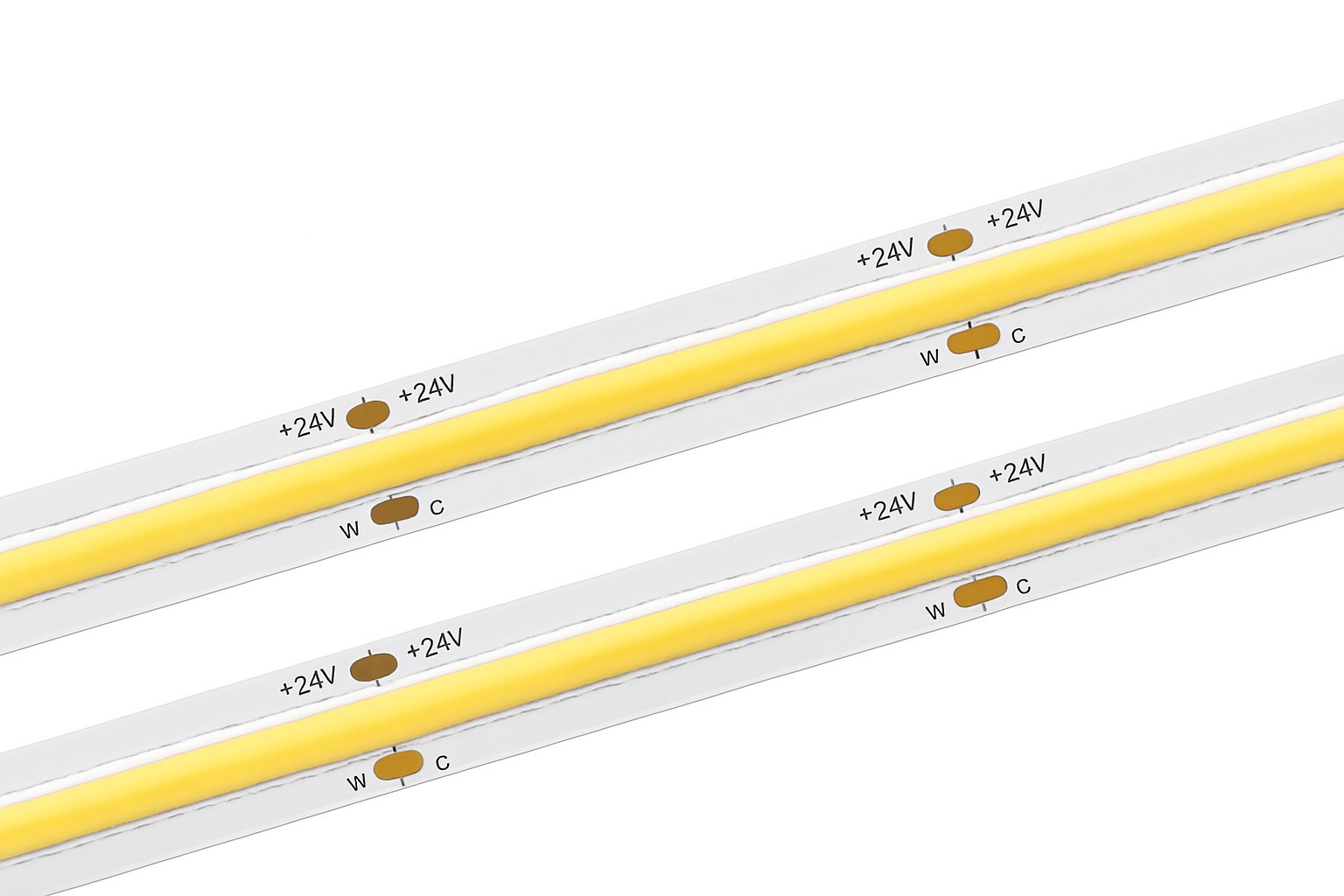 Close-up view of a 24V tunable white COB LED strip with dual-channel design, featuring clear markings for warm (W) and cool (C) color temperature control.