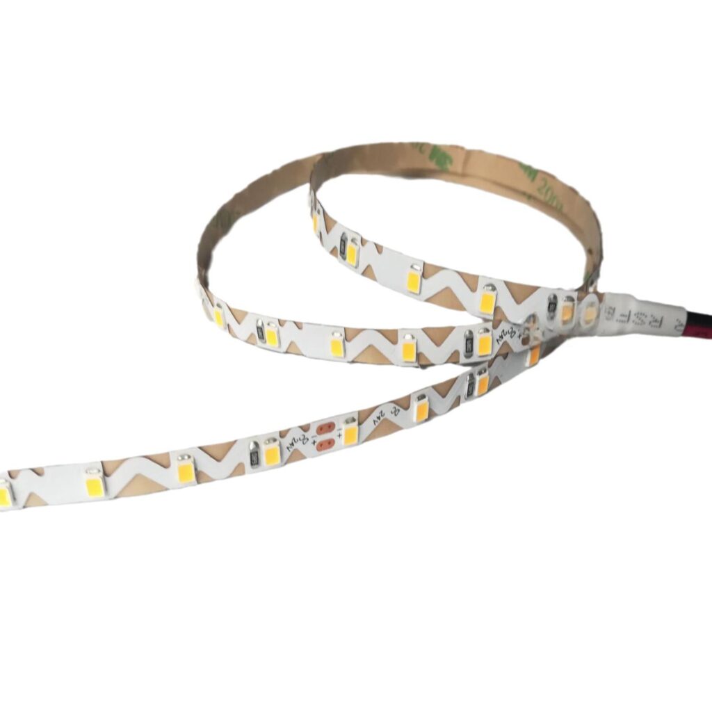 Zig-zag shaped flexible SMD LED strip light with 24V LEDs mounted on a white PCB for creative bending installations.