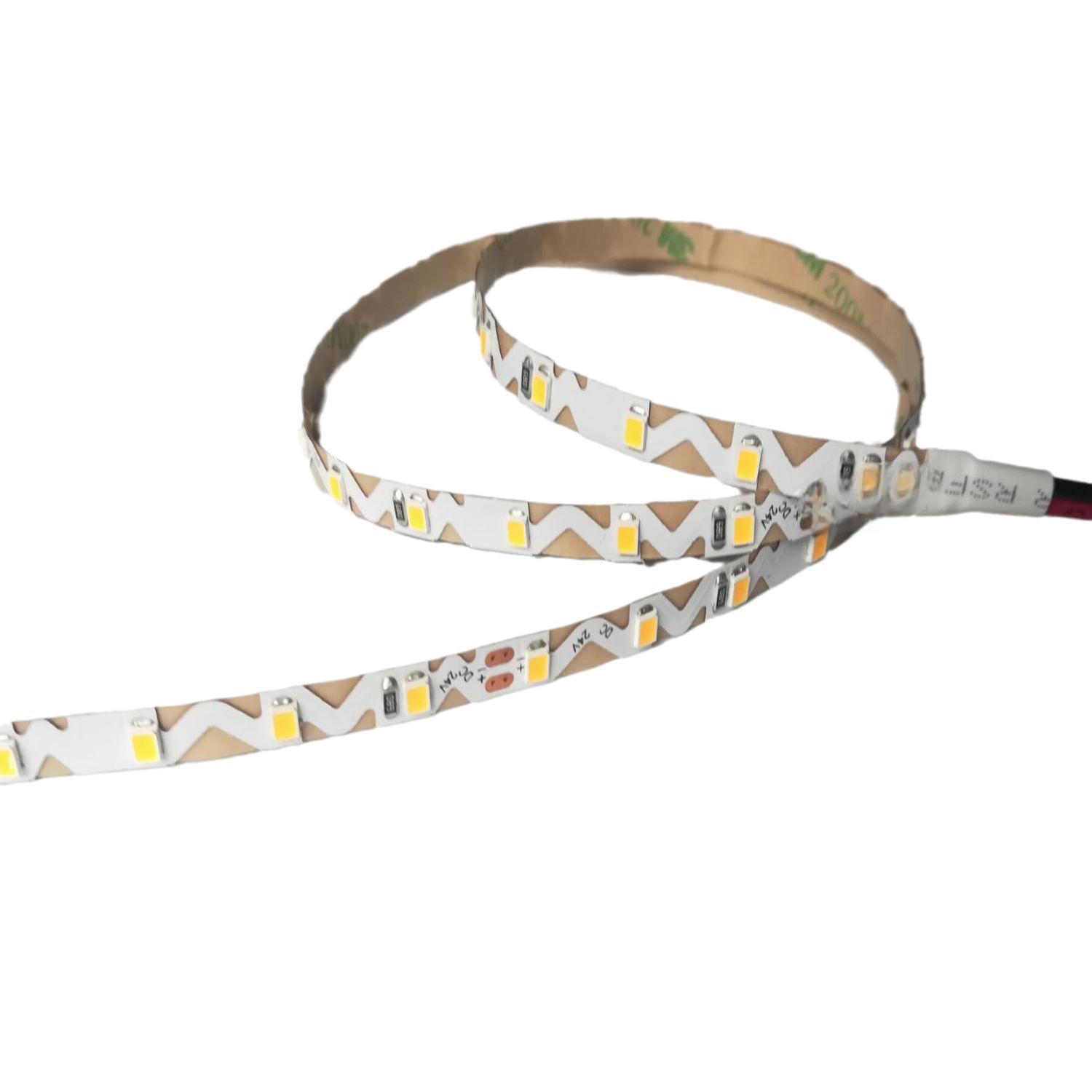 Zig-zag shaped flexible SMD LED strip light with 24V LEDs mounted on a white PCB for creative bending installations.