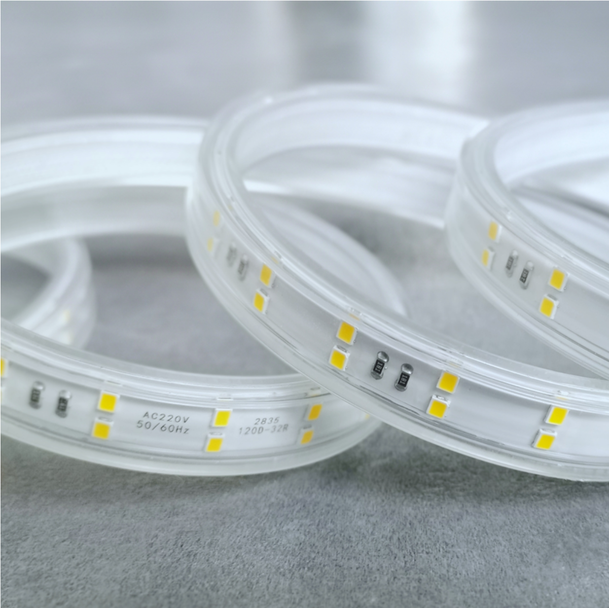 High voltage AC220V LED strip lights with 2835 SMD LEDs encased in a clear silicone housing for waterproof protection.