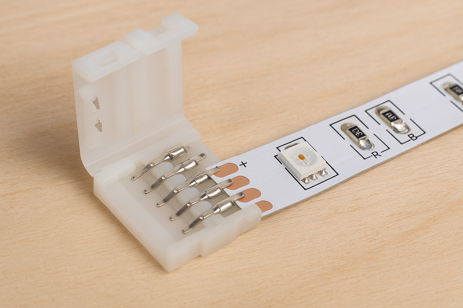 Close-up of solderless LED connector