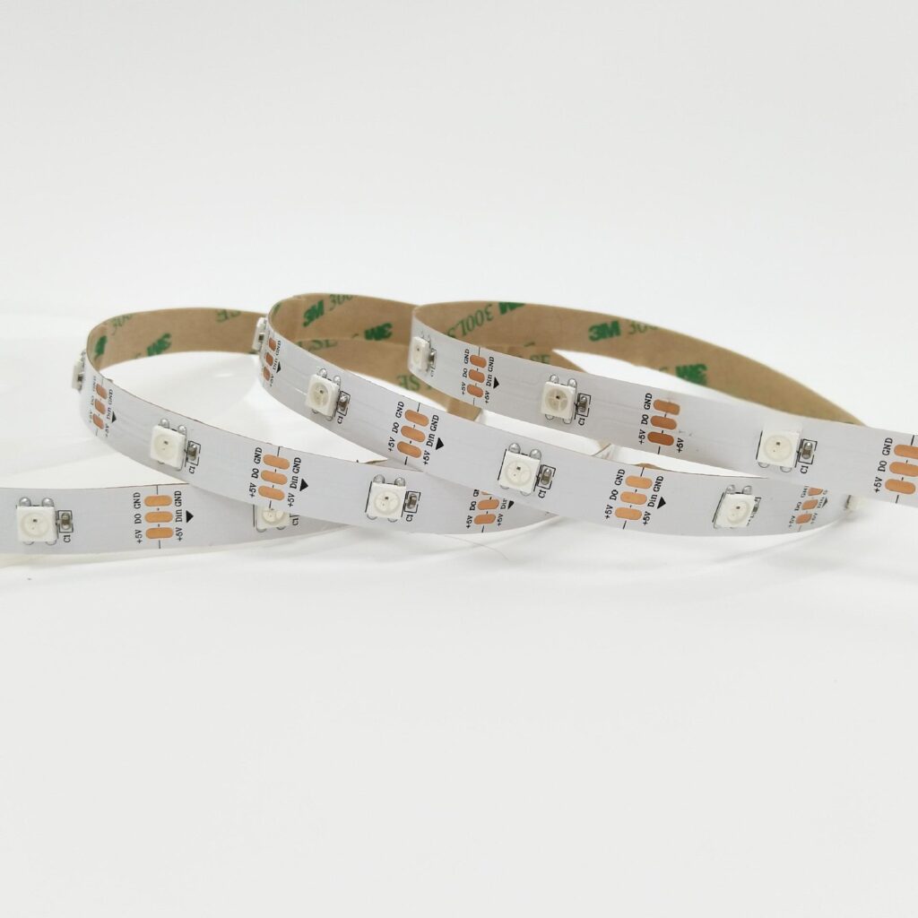 Single color dynamic SMD LED strip light with evenly spaced white LED chips on a flexible white PCB