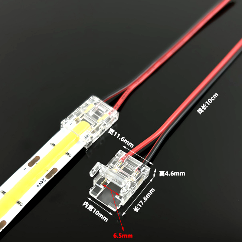 Close-up of a 10mm 2-pin connector for COB LED strip lights, showing dimensions of the plug (11.6mm width, 17.6mm length, 4.6mm height) and pre-attached 10cm red-black wires, designed for fast 24V LED strip installation.