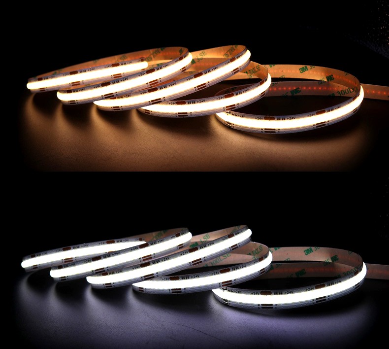 COB LED strip lights demonstrating dual CCT outputs with warm white glow on the top half and cool white glow on the bottom half, coiled in synchronized loops.