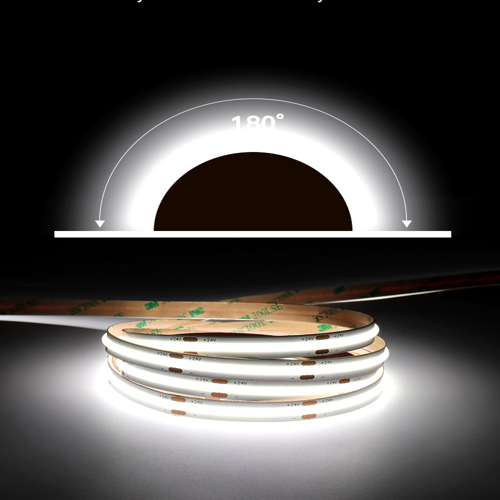 COB LED strip light showing 180-degree wide beam angle with no dark spots, providing uniform illumination and strong adhesive backing.