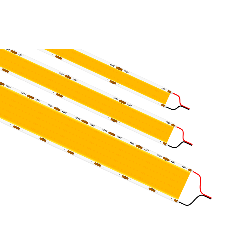 Three cut segments of 24V COB LED strip lights with visible red and black connection wires on white background, showing cuttable and connectable features.
