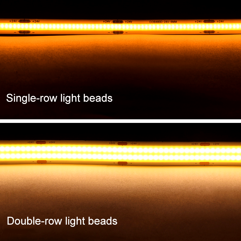 Visual comparison between single-row and double-row COB LED strip lights, showing brightness and density differences under warm white light.