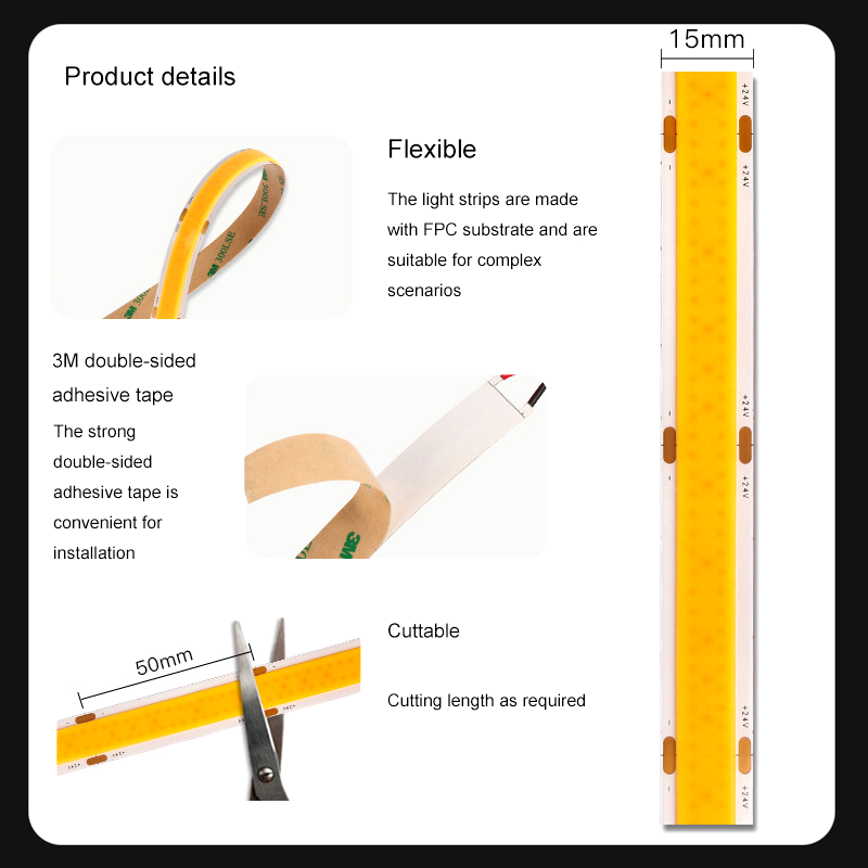 Infographic showing COB LED strip light features, including 15mm width, flexible FPC substrate, 3M double-sided adhesive backing, and 50mm cuttable segments for easy installation.