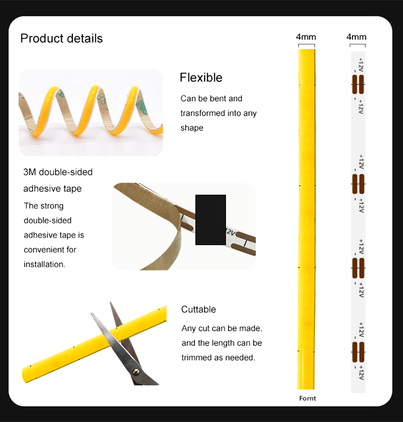 Product feature image of a 4mm ultra-thin COB LED strip, highlighting its flexibility, cuttable segments, and 3M double-sided adhesive tape for easy installation and custom shaping.