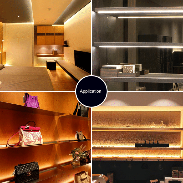 Collage showcasing COB LED strip light applications in a bedroom, product display shelves, and modern retail or commercial interiors with warm ambient lighting.