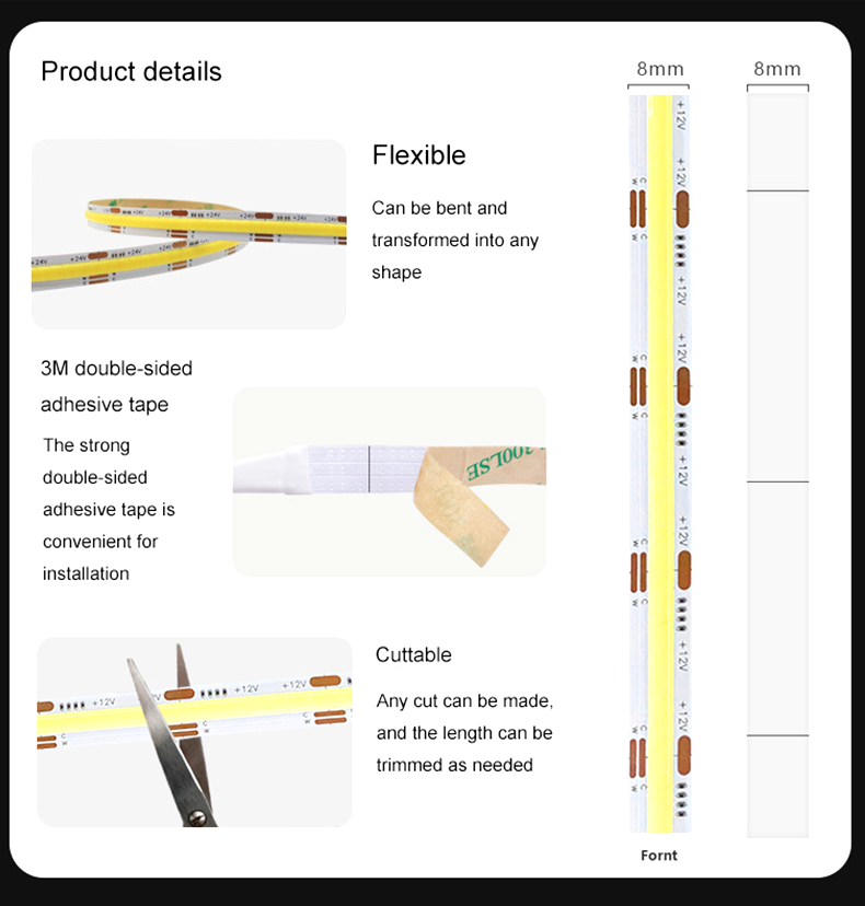 Product detail image of an 8mm 12V COB LED strip light, featuring flexible design, 3M double-sided adhesive backing, and cuttable segments for customizable length and easy installation.