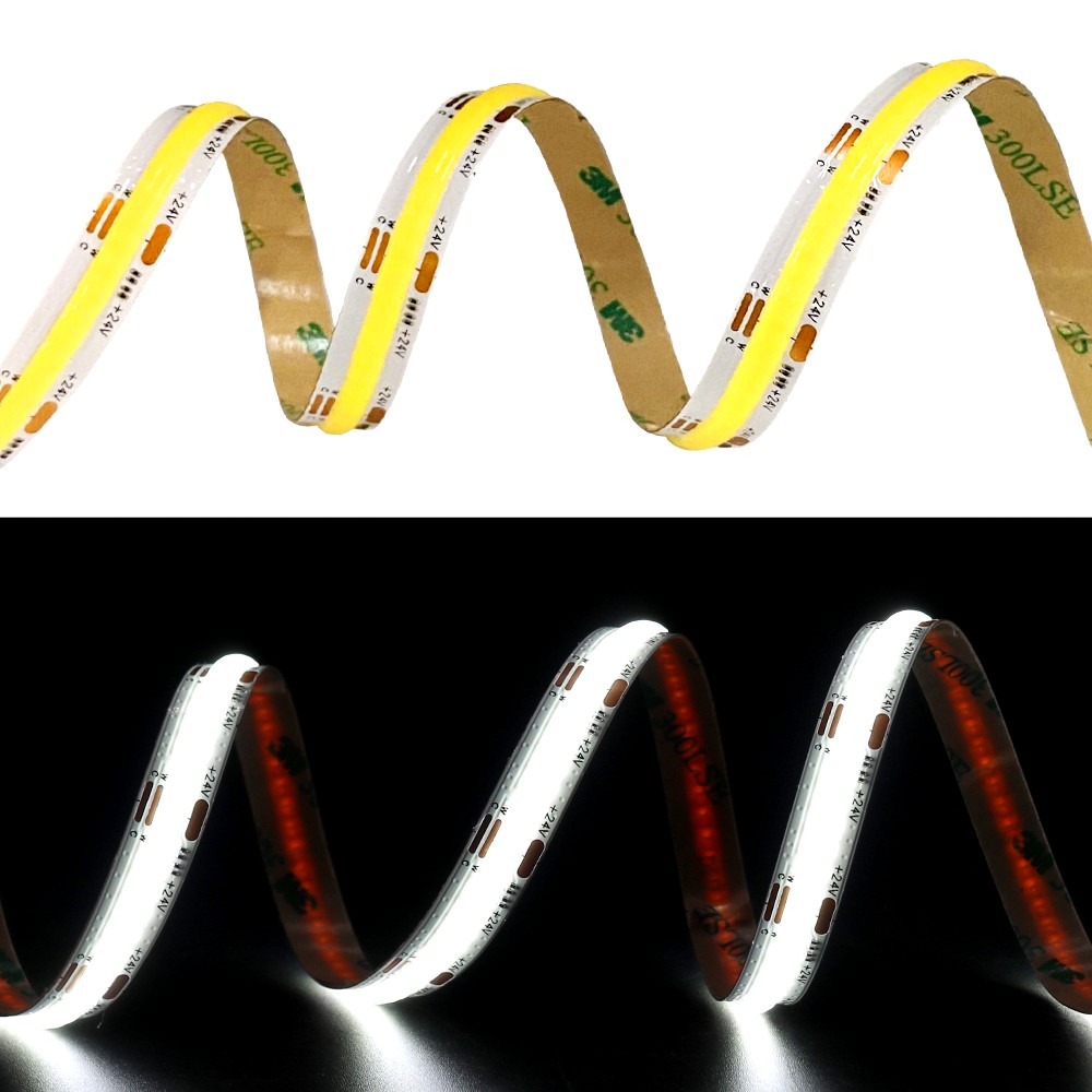 Side-by-side comparison of COB LED strip light in zigzag shape, showing the strip unlit on white background and illuminated on black background.