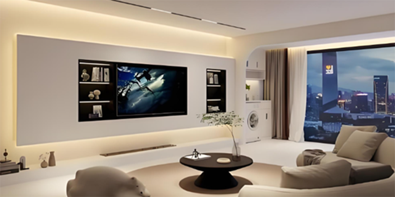 Contemporary living room lighting Living room with LED lighting around TV and large window view