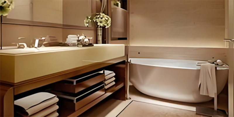 Elegant bathroom lighting Bathroom with soft LED lighting around the sink and bathtub