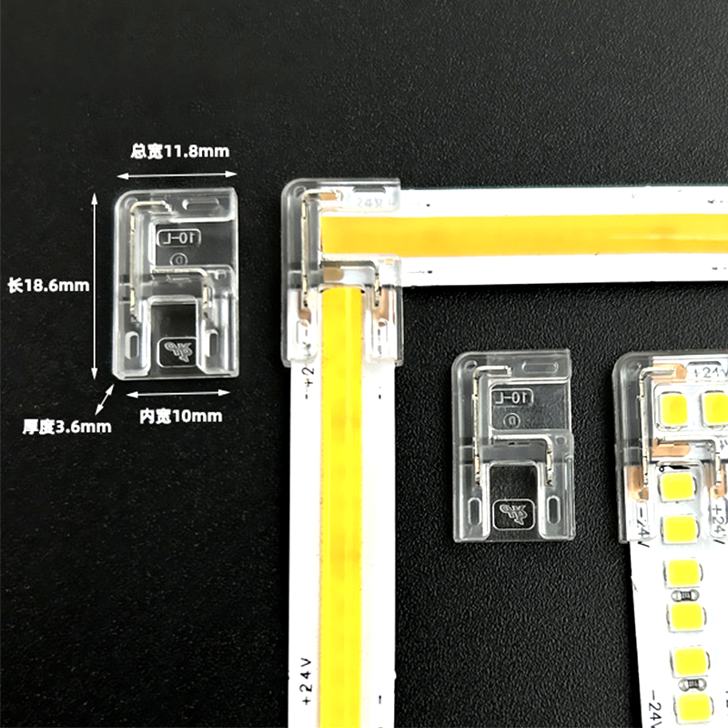 L-shaped 2-pin connectors for 10mm COB LED strip lights, displayed with measurement labels showing 11.8mm width, 18.6mm length, and 3.6mm thickness. The image includes a right-angle connection and straight-end connectors for 24V LED strips.
