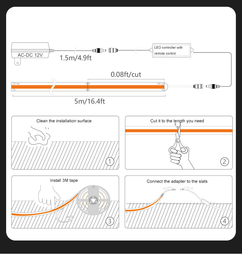 Diagram showing how to install a 12V LED strip light, including power setup, cutting length, applying 3M tape, and connecting with adapters.
