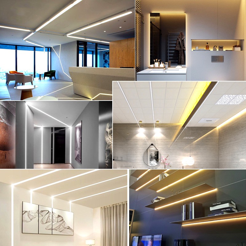 A collage showcasing modern interior applications of LED strip lights, including ceiling lighting, shelf backlighting, and architectural accents in living rooms, bathrooms, and hallways.