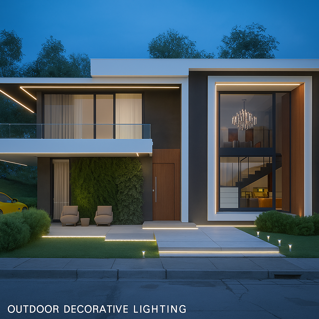 A modern two-story house illuminated with linear outdoor decorative LED strip lights, featuring a clean architectural design, garden lighting, and a yellow car parked on the driveway. The image emphasizes stylish outdoor illumination for residential spaces.