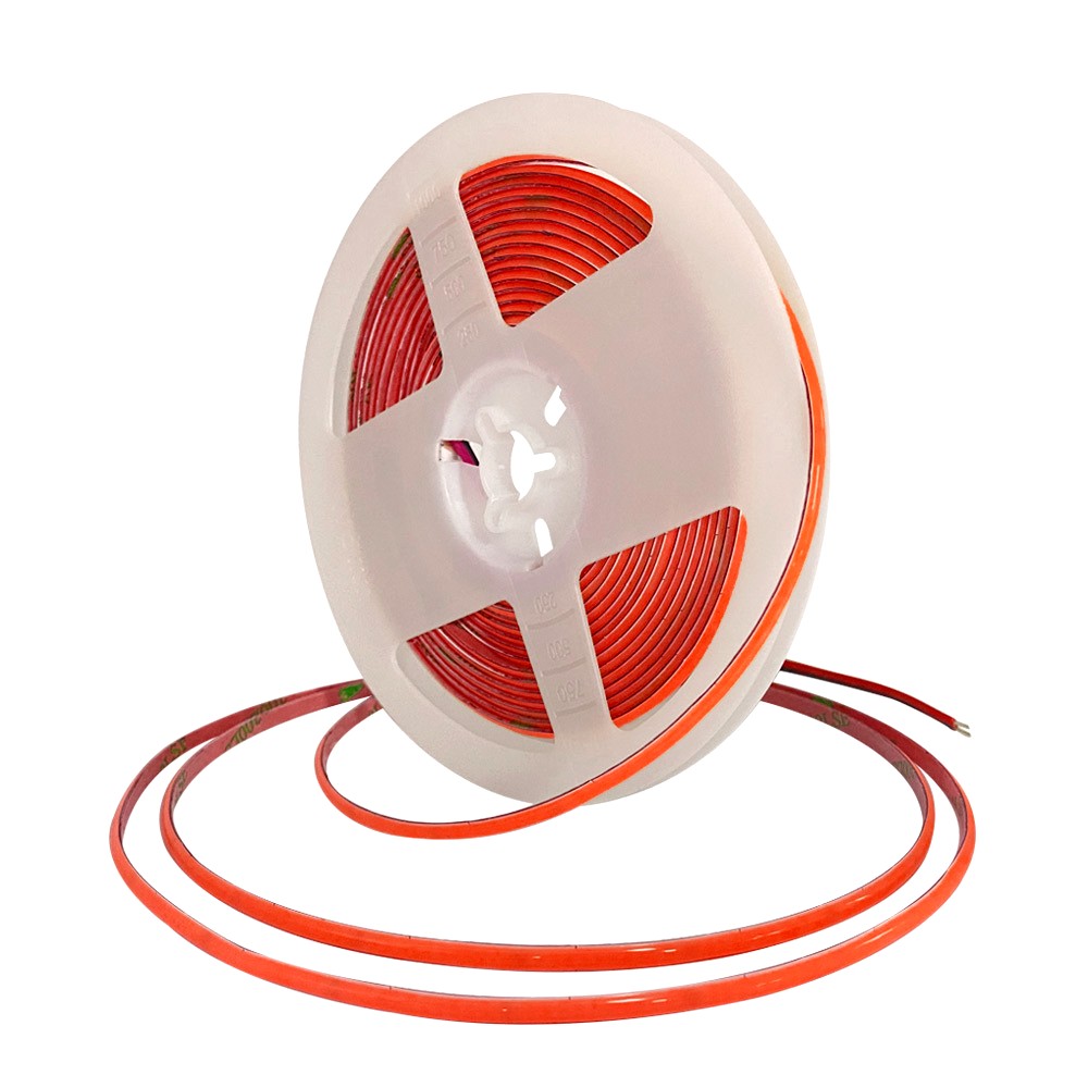Coiled red neon flex LED strip light on a white plastic reel, featuring a flexible silicone tube and two power wires for easy connection.