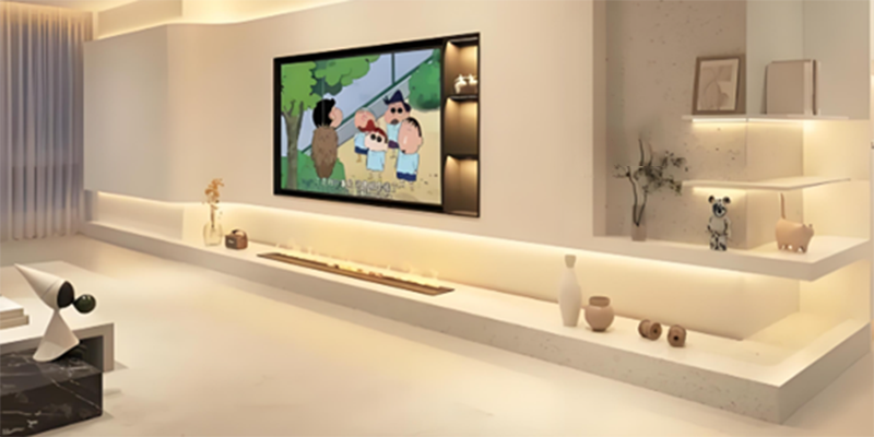 Sleek living room with modern lighting Minimalist living room with LED lighting under TV, shelves, and decorative items