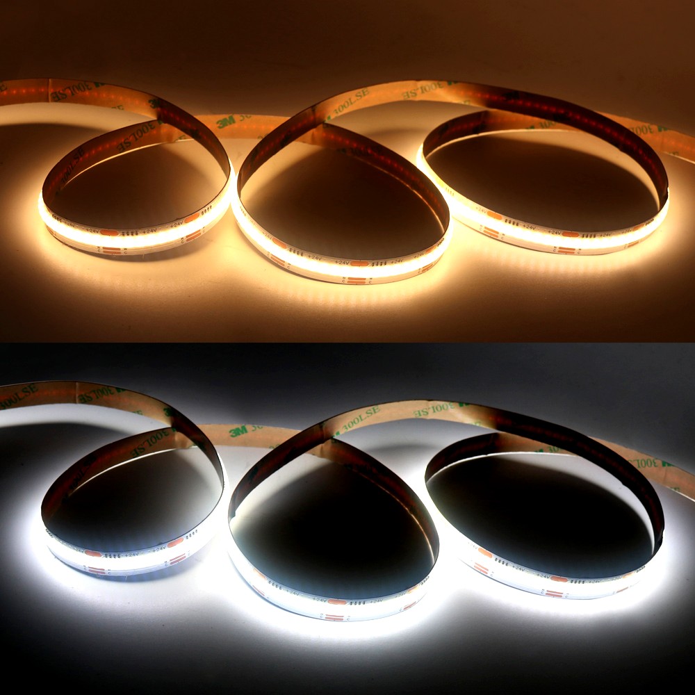 Side-by-side view of tunable COB LED strip lights glowing in warm white (top) and cool white (bottom), highlighting the visual difference in color temperature and lighting effect.