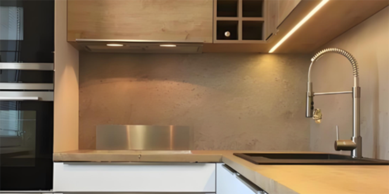 Warm LED strip lights under wooden kitchen cabinets